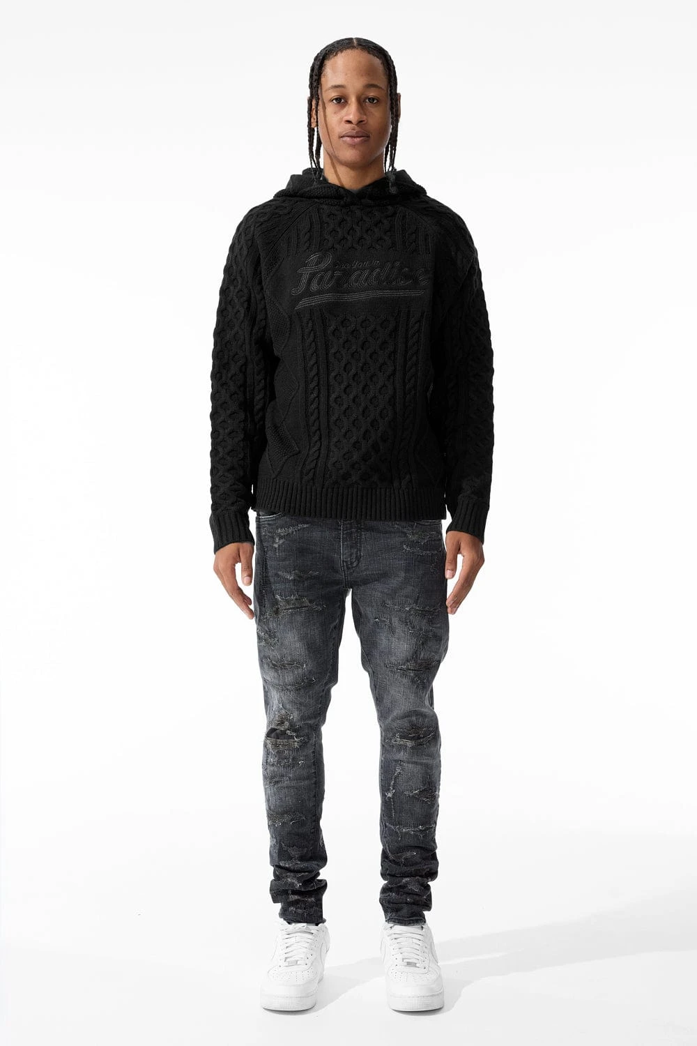 Cable Knit Hooded Sweater (Black) 4 Cable Knit Hooded Sweater (Black) - Image 4