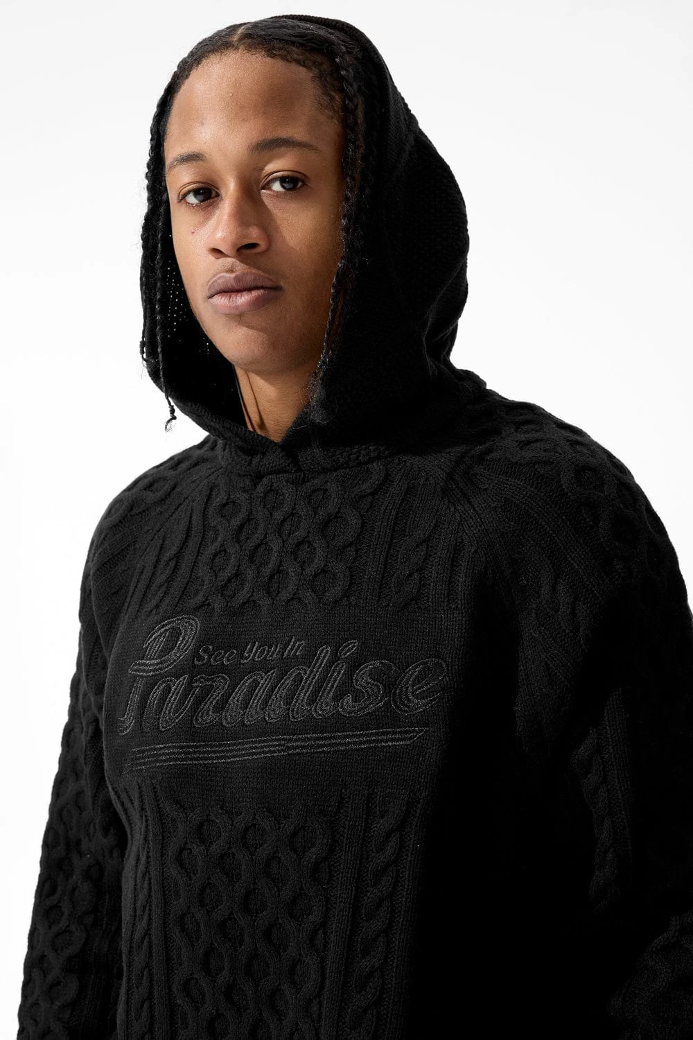 Cable Knit Hooded Sweater (Black) 2 Cable Knit Hooded Sweater (Black) - Image 2
