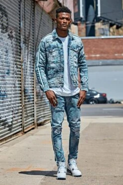 Sparta Striped Denim Jacket (University Blue) -Jordan Craig Shop SPARTA BLUE MODEL1